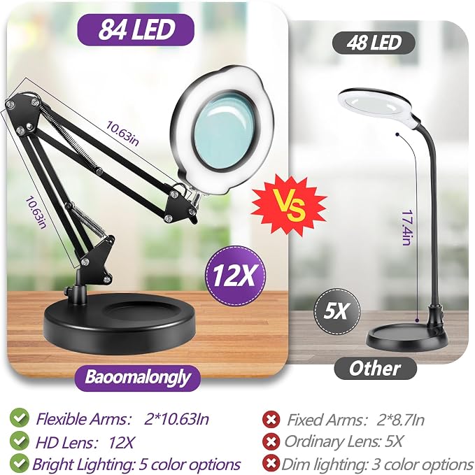 12X Magnifying Glass with Light and Stand, 5 Color Modes 10 Stepless Dimmable - Image 8
