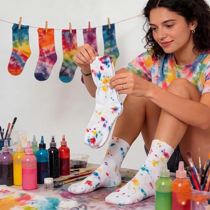 Chicingyou White Cotton Socks for Tie Dye Painting Graffiti White Crew Ankle - Image 2