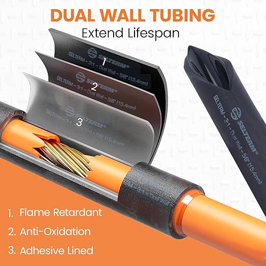 SELTERM 10pcs - 6 Awg 5/16" Stud (Wide) - Battery Lugs - Ring Terminal Connectors with 12pcs 3:1 Black & Red Heat Shrink Tubing with Adhesive, Heavy Duty Battery Cable Ends - Bare Copper Wire Lugs Kit
