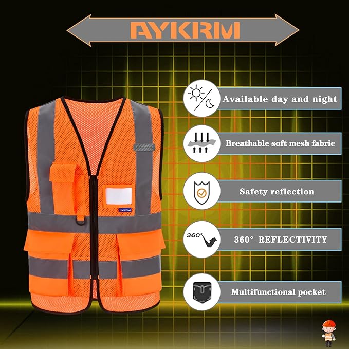 A-SAFETY High Visibility Mesh Safety Reflective Vest with Pockets and Zipper,Hi Vis Viz Reflective Safety Vest(Orange Mesh S)
