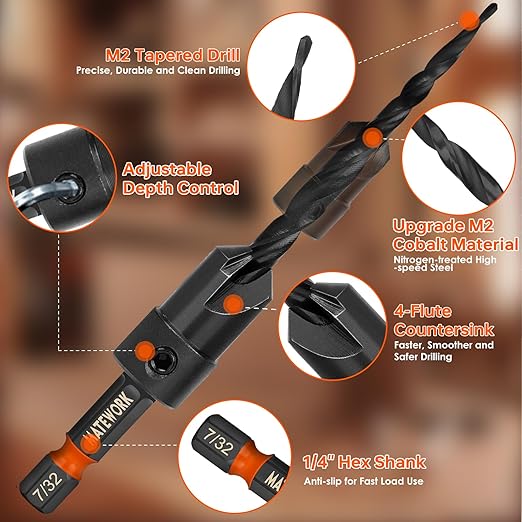 Countersink Drill Bit Set, 15PCS M2 Cobalt HSS Woodworking Tool Set, Adjustable Depth Tapered Drill Bit Set with 4 Wood Plug Cutters & 1/4" Hex Shank, Counter Sink Drill Bit for Wood with Storage Box