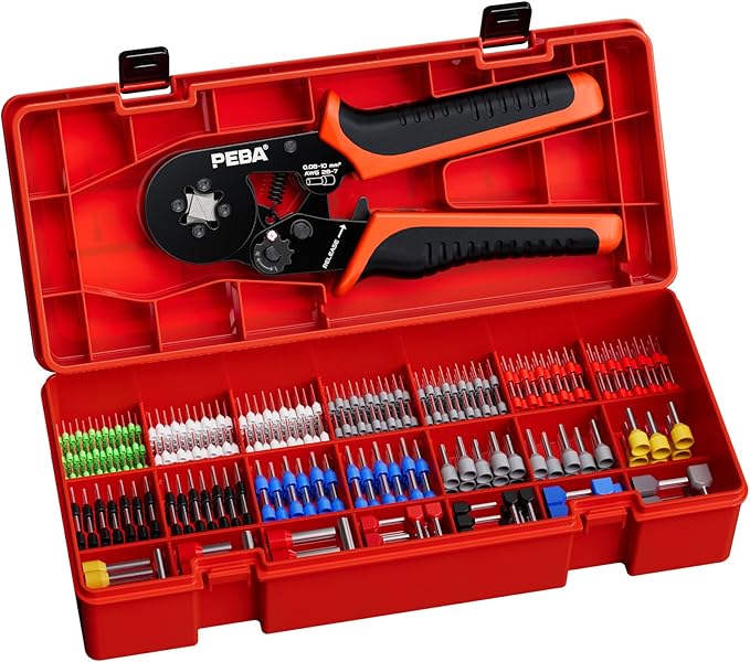 PEBA Ferrule Crimping Tool Kit - 21 Sizes Ferrule Kit & AWG 28-7 Self-Adjusting Square Crimper for Effortless Electrical Wire Ferrules | Ratchet Crimping Tool - Wire Ferrules Connections Kit