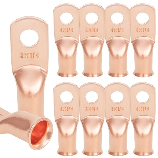 10 PCS 4AWG - 1/4''Stud Heavy Duty Copper Terminals,Battery Cable Crimp Lugs,Battery Cable Ends, Bare Copper Eyelets Tubular Ring Terminals,Closed End Crimp Electric Connectors