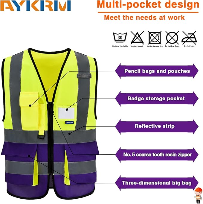 Yellow&Purple 4XL-5XLHigh Visibility Safety Vest with ZIPPER 4 Reflective Strips 7 Pockets