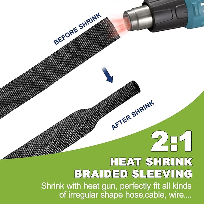 2:1 Heat Shrink Wire Loom Braided Cable Sleeves,Heat Resistant Fabric Woven Shrink Tubing Wiring Harness for Protection Automotive,Harness Cable,Cable Management (1/2"-25ft)