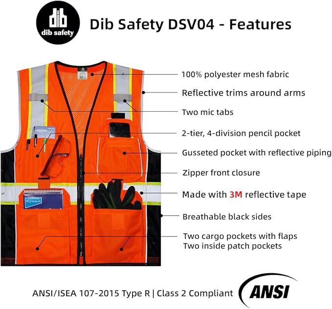 Dib Safety Vest Reflective Orange Mesh, High Visibility Vest with Pockets and Zipper, Heavy Duty Vest Made with 3M Reflective Tape L