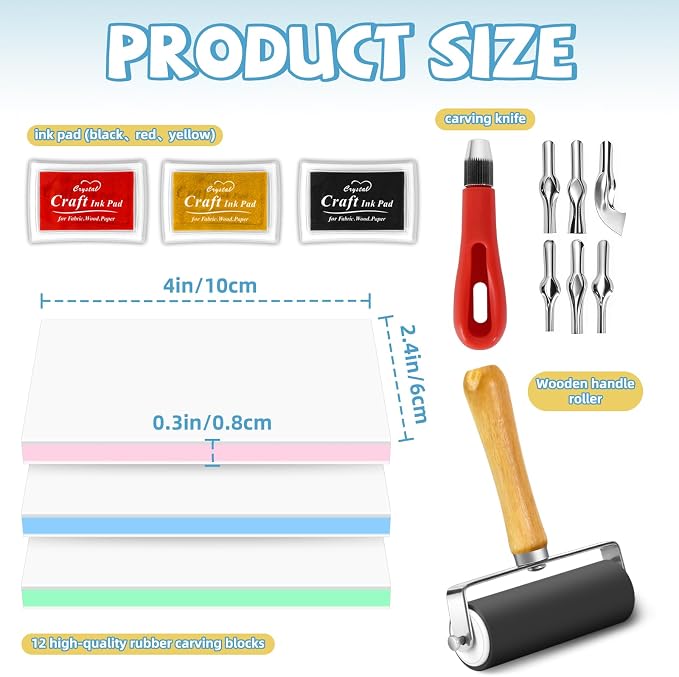 17 Pack Linoleum Block Stamp Making Kit, 3 Ink Pads, Brayer Roller & 6 Type - Image 2
