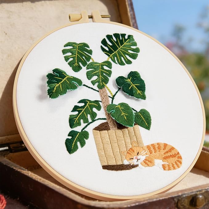 Monstera Embroidery Kits for Beginners Adults, Cat Hand Embroidery Kits - Image 2