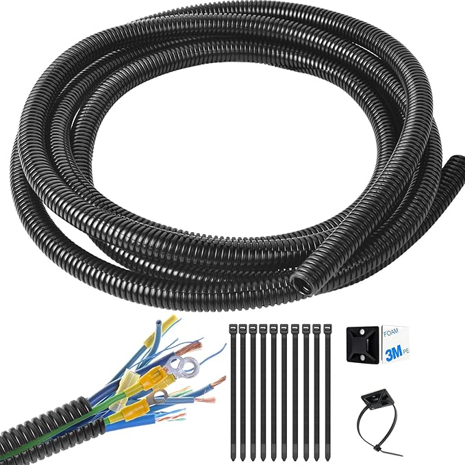 1/2 Inch Wire Loom Split Tubing - 10 ft Cord Protector Electric Wires Covers, Automotive Wire Flexible Conduit, Plastic Wire Cover with Cable Zip Tie