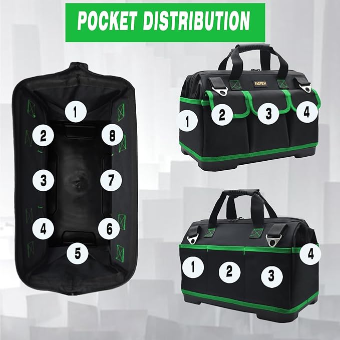 18 Inch Tool Bag With Molded Base and Comfortable Shoulder Straps, Waterproof Wide Mouth Tool Kit, Tool Storage Package For Men/Women (Green18IN)