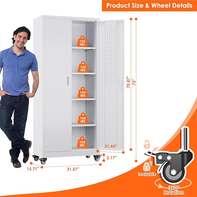 Aobabo 73''H Metal Garage Storage Cabinet with Wheels and Pegboards, 4 Adjustable Shelves Steel Storage Cabinets for Home,Warehouse,Garage,Assembly Required,White