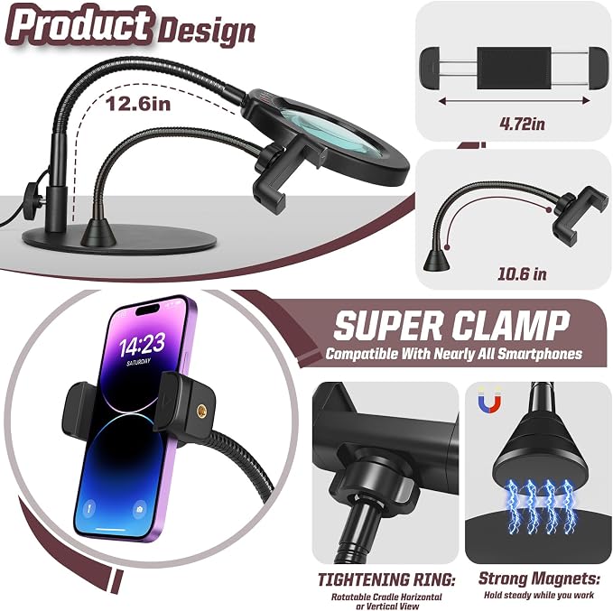 10X Magnifying Glass with Light and Phone Holder, 5 Color Modes Stepless - Image 6