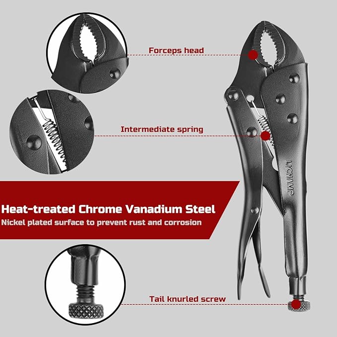 Lichamp 5PCS Vice Locking Pliers Set, 10 9 7 6 5 inches Curved Jaw Vise and Curved Jaw Grip Pliers Set