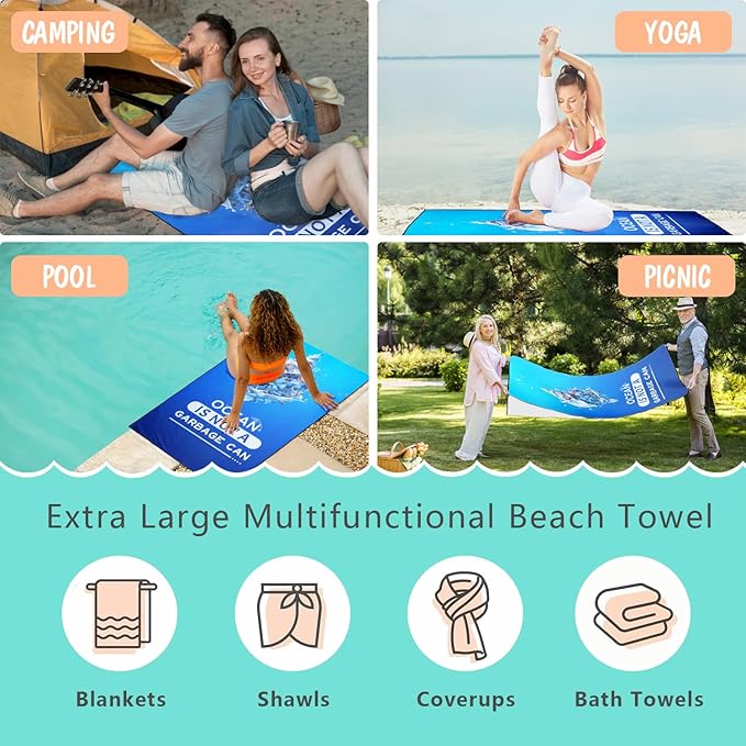 Protect Ocean Environment Beach Towel Oversized 36" x 72", Thin Lightweight Sand Free Quick Dry Microfiber Towel for Swimming Pool Cruise Camping Travel