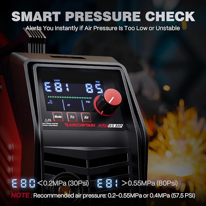 ARCCAPTAIN iControl [Non-HF] Plasma Cutter CUT55 MP with APP Control, 55Amp Blowback Pilot Arc, 120V/240V, Upgraded LED Display, Grid Cutting, Rust Removal, Plasma Gouging, Pressure Detection
