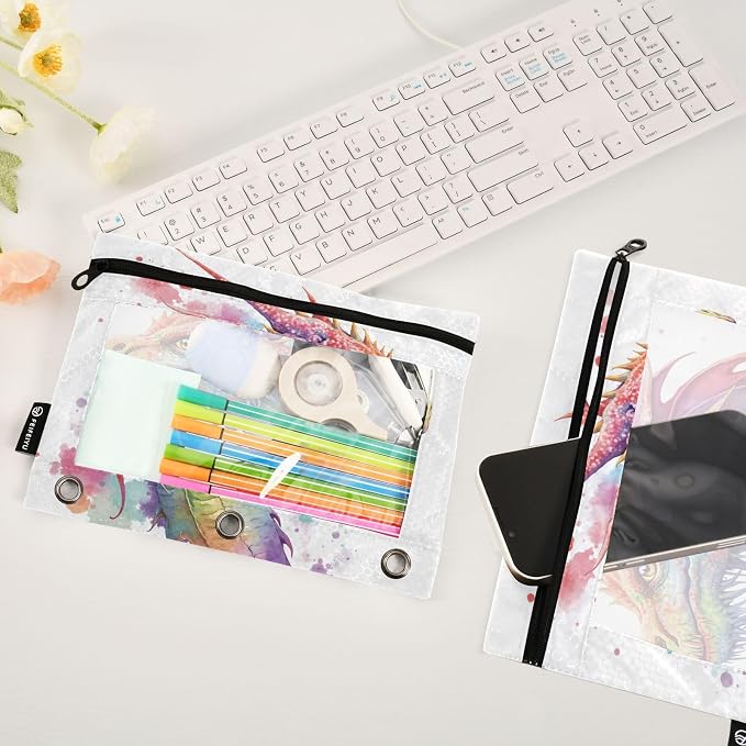 Watercolor Dragon Pencil Pouch for 3 Ring Binder, 2 Pack Waterproof Pencil Bags - Image 5