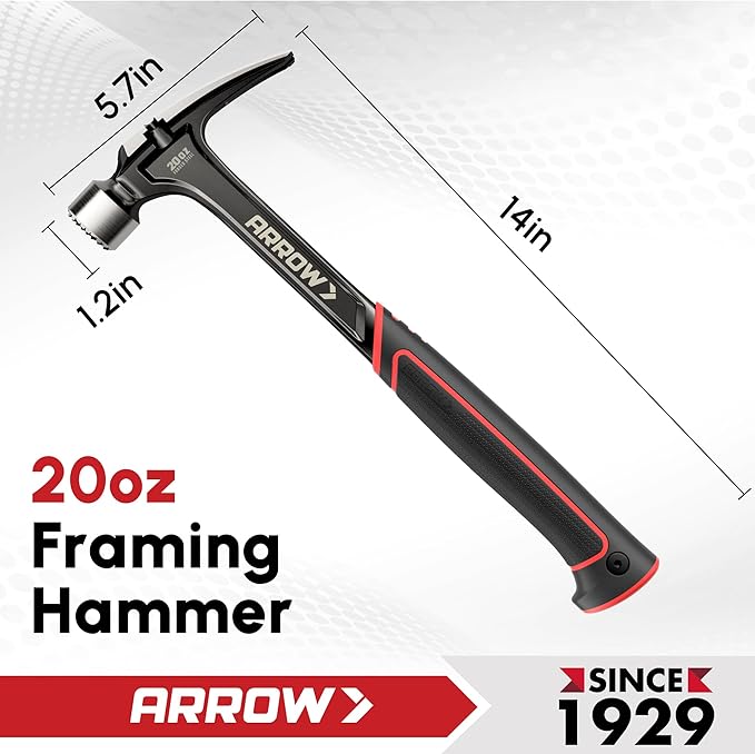 ARROW 20 oz Straight Claw Hammer with Magnetic Nail Holder, Side Nail Puller, Rip Claw Hammer with Milled Face & Shock Absorbing Grip, Heavy Duty One-piece Forged Hammer