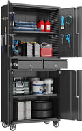 71" H Metal Garage Storage Cabinet with Wheels and Doors,Rolling Tool Cabinet with Pegboard and 2 Lockable Drawer for Garage Warehouse Home,Required Assembly,Black