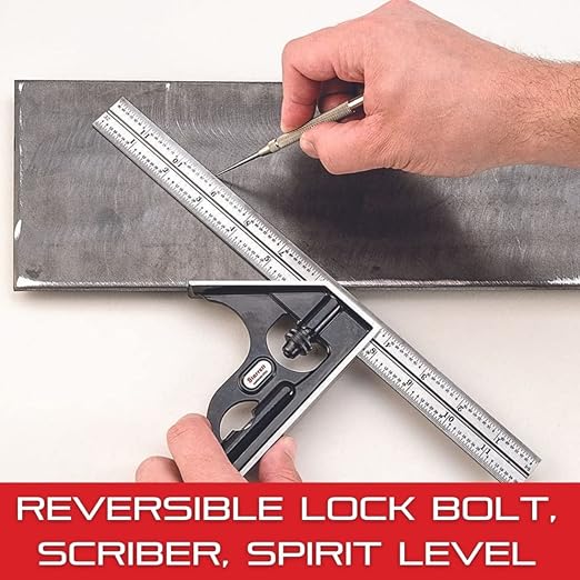 Starrett Steel Combination Square with Square Head - 600mm Blade Length, Cast Iron Heads, Hardened Steel, Reversible Lock Bolt, Scriber, Spirit Level, 4R Graduation Type - 11MH-600
