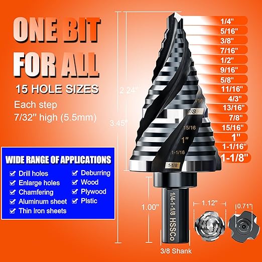 Four Spiral Flute Step Drill Bit for Metal,M35 Cobalt Unibit Step Drill Bit Set 1/4" - 1-1/8"(15 Sizes),Wear-Resistant AlTiN Coated,3/8" Hex Shank for Metal, Stainless Steel, Aluminum, Plastic