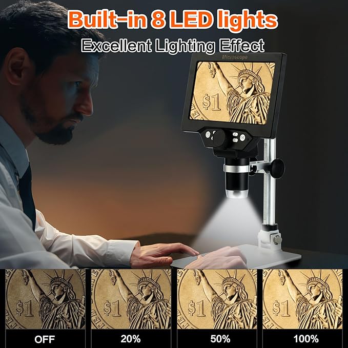 Koolertron 7" LCD Digital Microscope 12MP 1-1200X Magnification - Handheld USB Microscope Camera with 32GB TF Card, 8 Adjustable LED Lights & Rechargeable Battery - Portable for Coin/PCB/Insect/Rock