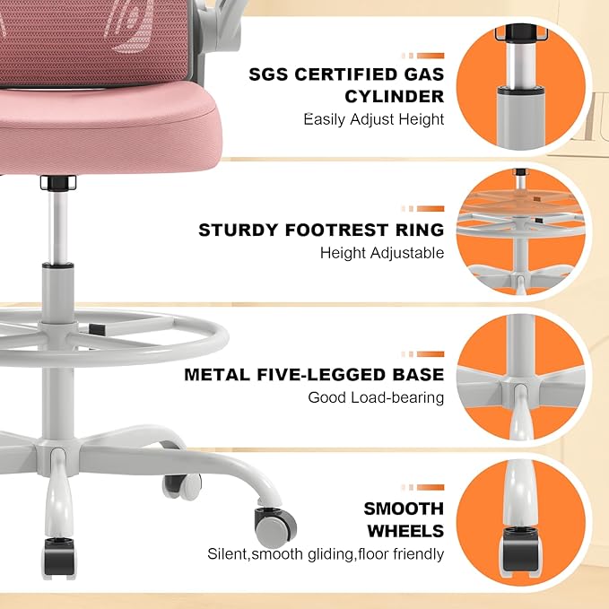 Ergonomic Drafting Chair, Tall Office Chair with Flip-up Armrests, Breathable Mesh High Desk Chair with Lumbar Support Adjustable Footrest Ring for Standing Desk Pink