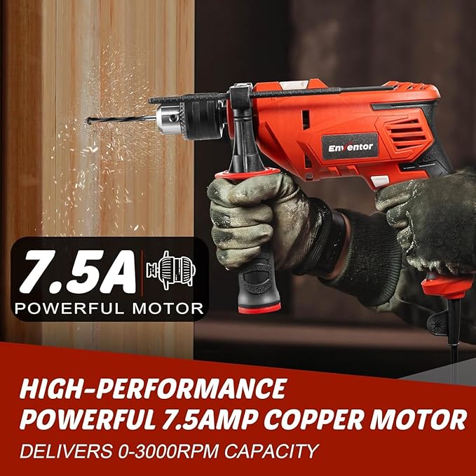 Enventor 7.5 Amp Hammer Drill, 1/2 Inch Electric Hammer Drill, 900W 0-3000RPM Variable Speed, 360° Auxiliary Handle, Lightweight Corded Hammer & Drill 2 in 1 Functions with 9pcs Bit for Metal, Wood