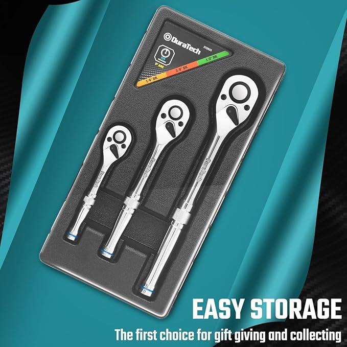 DURATECH 3-Piece Ratchet Set, 1/4", 3/8", 1/2", 72-Tooth with Quick-Release Reversible Design, Chrome Alloy Made, Fully Polished, Organized in Storage Case
