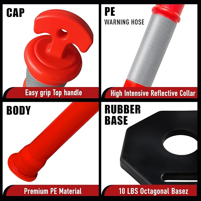 CJ Safety 44" Orange PE Delineator Post Cone, 44" Height Post, 10 lbs Recycled Rubber Base, 10" Reflective Band for Industrial (Set of 9)