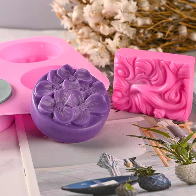 Sakolla 2 Pack Silicone Soap Molds, 4 Cavities Rectangle Wave and Round Flower - Image 6