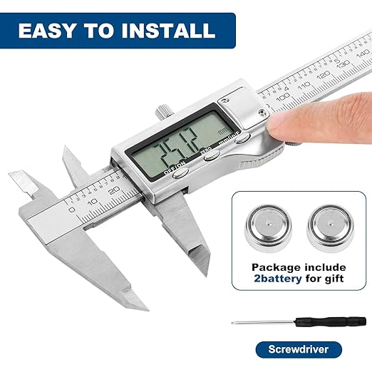 Digital Caliper Measuring Tool, 6 Inch Stainless Steel Vernier Caliper Digital Micrometer with Large LCD Screen, Auto-Off Feature, Easy Switch from Inch Metric Fraction