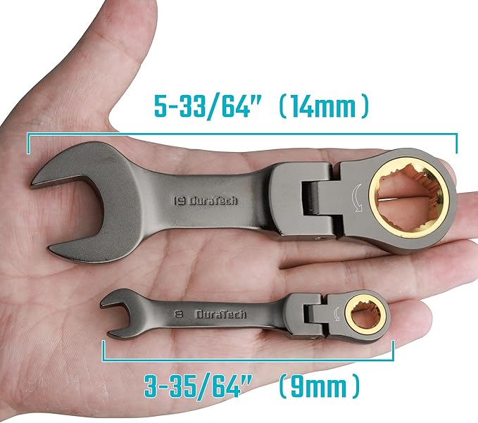 DURATECH 12-Piece Anti-Slip Flex-Head Ratcheting Wrench Set, Stubby Combination Wrench Set, Metric, 8-19mm, 72-Teeth, CR-V Steel, Nickel Plated with Pouch