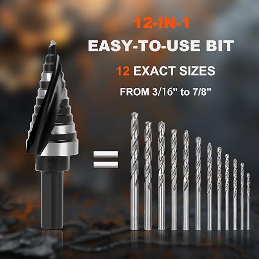 COMOWARE Step Drill Bit, 12 Sizes from 3/16" to 7/8", High Speed Steel Step Bit with 2 Spiral Flutes, 3-Flat Shank, Steps Bits for Metal, Aluminum/Wood/Plastic/Iron, Unibit for Electricians & DIY