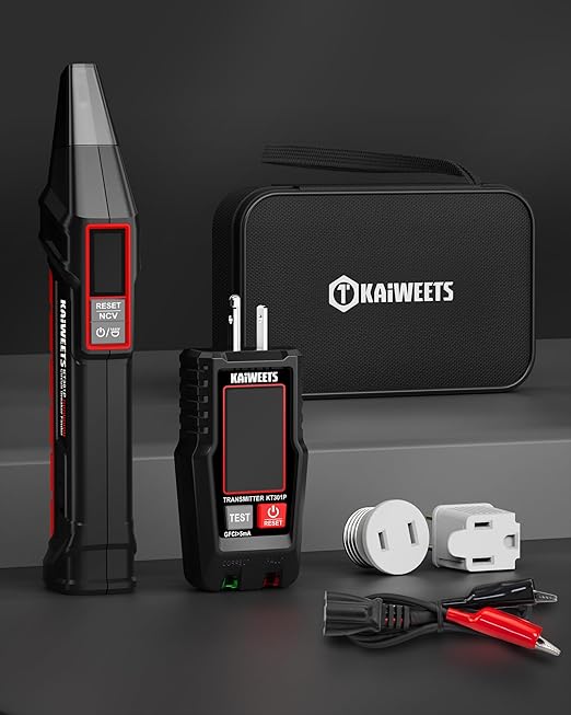 KAIWEETS Circuit Breaker Finder with LCD Display, GFCI Outlet Tester, Electrical Circuit Tracer Tool with NCV Test & Flashlight, Includes Carrying Case and Adapters- KT301P
