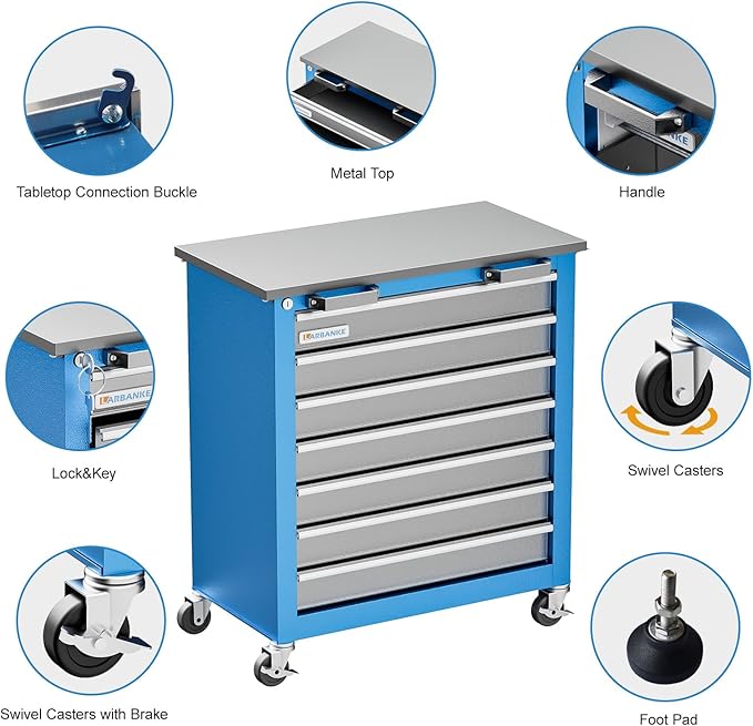 Tool Chest,7-Drawer Rolling Toolbox Chest,Rolling Tool Chest on Wheels with Keyed Locking System,and 4 Foot Pad,Tool Chet can be Combined Cabinet Set with 5-Drawer Tool Chest,for Garage