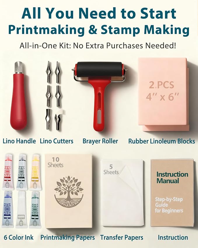 Linocut Tools Block Printing Kit: Deluxe Stamp Carving Printmaking Kit Supplies - Image 2