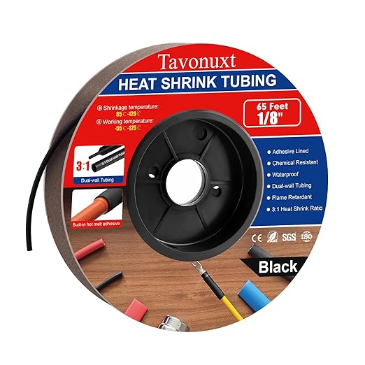 1/8" 65ft 3:1 Heat Shrink Tubing with Adhesive Lining - Marine Grade, Ideal for Home, Automotive, and Industrial Use - Black