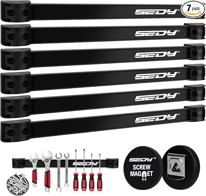 Magnetic Tool Holder Storage Organizer: 7-Piece Garage Wall Mount Rack Organization Strip Power Magnet Organizers Mounted Workbench Board Slatwall Van Hanger