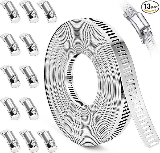 Hose Clamps, DIY 28 FT Metal Strap + 12 Fasteners, Hose Clamps Stainless Steel, Large Adjustable Hose Clamp Pipe Clamp for Pipe Automotive Mechanical Applications