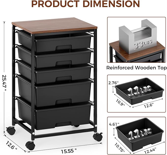 SYKIARIOL 5-Tier Rolling Utility Storage Drawer Craft Cart on Wheels - Image 3