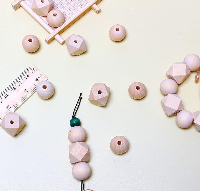 20mm Unfinished Wooden Beads, 20 Geometric and 50 Round Polygon Wood Beads - Image 2