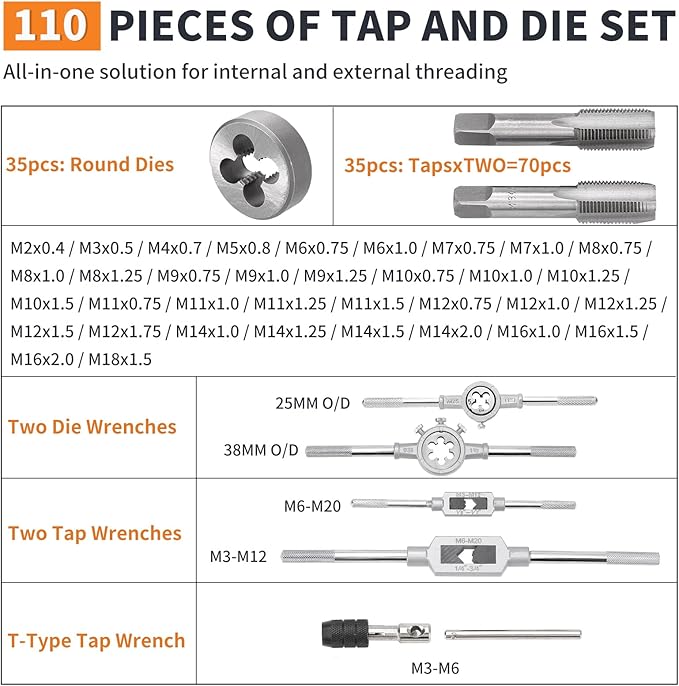110PCS Tap and Die Set Bearing Steel Rethreading Tool Kit SAE and Metric Size M2 to M18 UNC UNF NPT Repair Tools with Complete Accessories and Storage Case for Cutting External Internal Threads