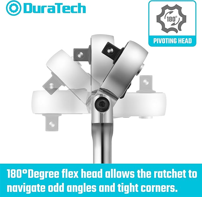 DURATECH 1/4" Drive Flex-Head Ratchet, 72-Tooth Ratchet Wrench, Quick-release, Reversible Switch, Full-Polished Chrome Plating, Alloy Steel