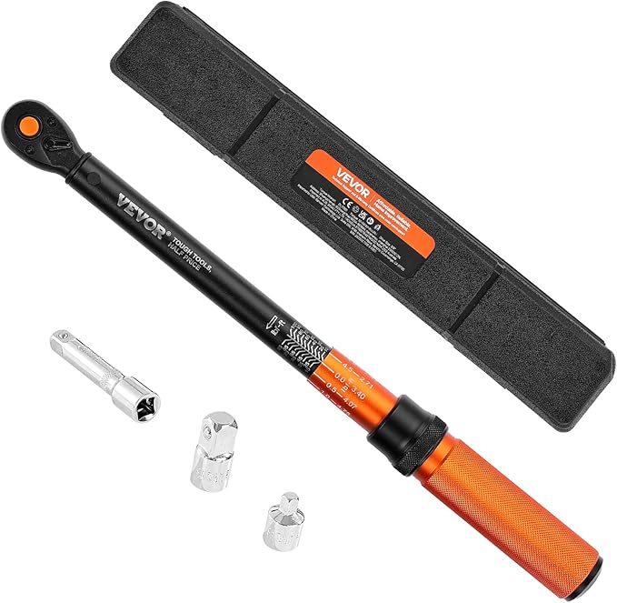 VEVOR 3/8 Inch Drive Torque Wrench, 10-100 ft.lb/13.6-135.6 Nm, Dual-Direction Adjustable Click Torque Wrench with 1/2 & 1/4 adapter, 3" Extension Bar, for Automobile Repair