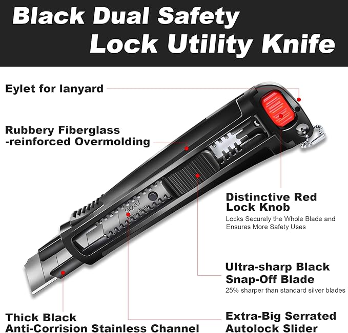 HAUTMEC 25mm Extra Heavy Duty Utility Knife with Double Lock Mechanism, Auto-Lock and Ratchet- Lock for Double Safety, SK2 Sharp Black Blade for Industrial or Construction Applications HT0254-KN