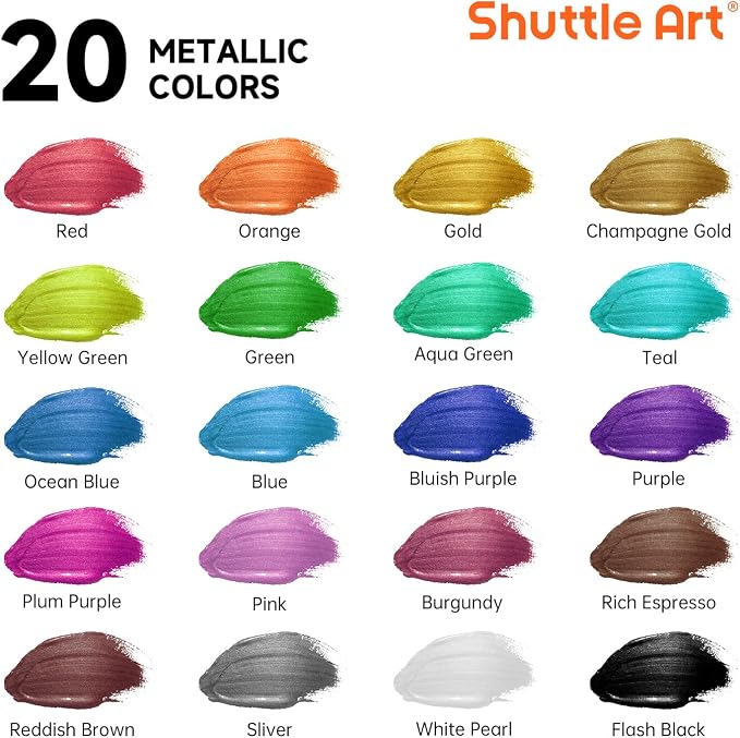 Shuttle Art Metallic Acrylic Paint Set, 20 Colors Metallic Paint in Bottles - Image 3
