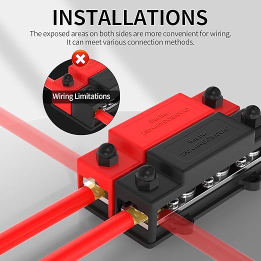 250A Dual Row Bus Bar 12V Power Distribution Block 8 x 3/8" Terminal Stud, 6 x #8 Screw Terminals Positive & Ground Battery Bus Bar