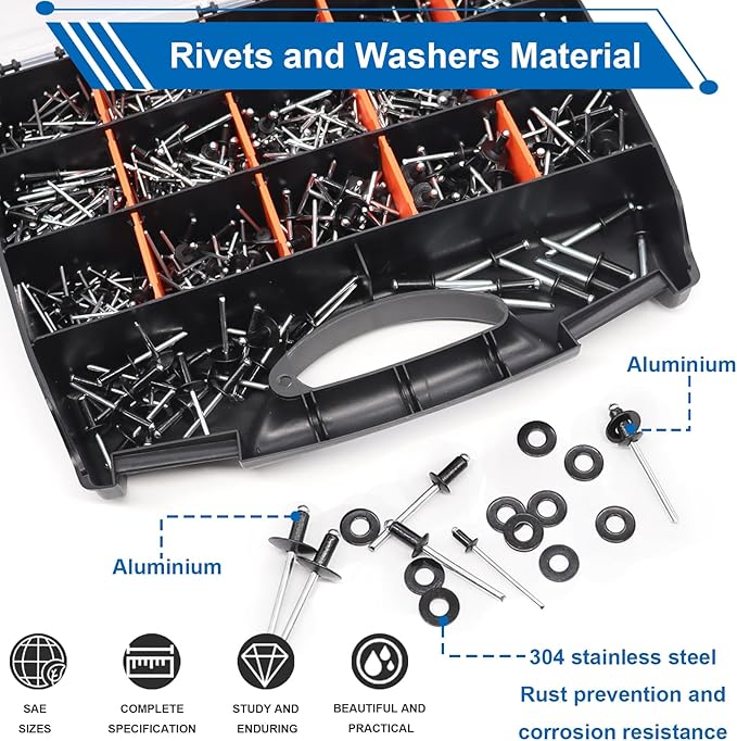 smseace 1001Pcs Pop Rivet Gun Kit Black Pop Rivets, Large Flange Rivets, Washers and Rivets Gun Tool Packed in Portable Toolbox with Color Label for Metal, Furniture, Automotive, Instruments