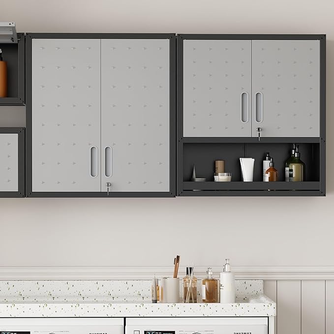 Garage Wall Cabinet Metal Storage Cabinet with Lock Wall Mounted Heavy Duty Steel Tool Cabinet with Doors and Shelf Hanging Cabinets for Garage Warehouse Bathroom Kitchen,Assembly Required
