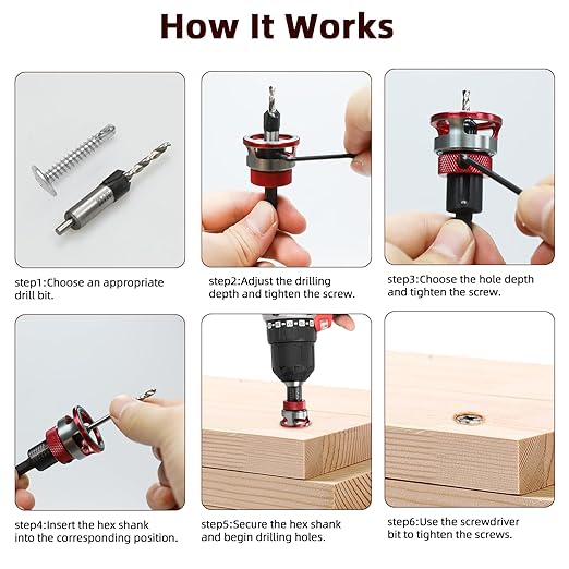 7-Piece Countersink Drill Bit Set with Aluminum Alloy Stop Collar, a Screwdriver Bit, 5 HSS M2 Tapered Bits and a Wrench, 1/4" Hex Shank Countersink Drill Bit for Woodworking